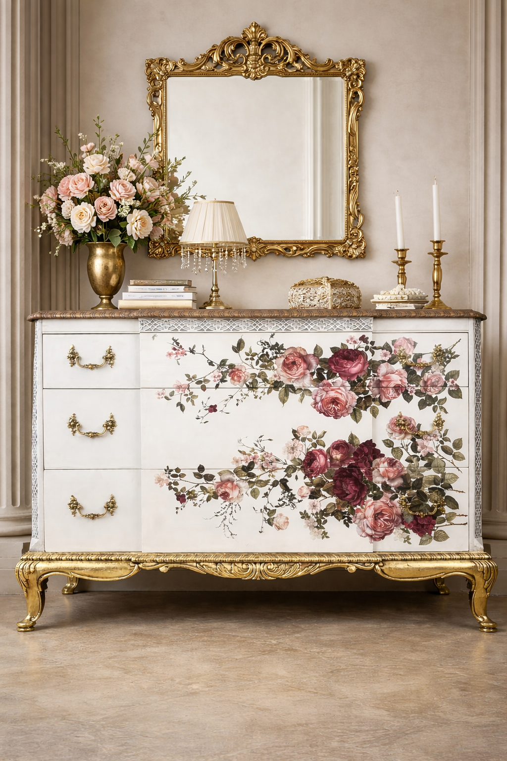 Floral Dresser Makeover with Alchemy, Fusion Mineral Paint, Gold Leaf, and Stain & Finishing Oil