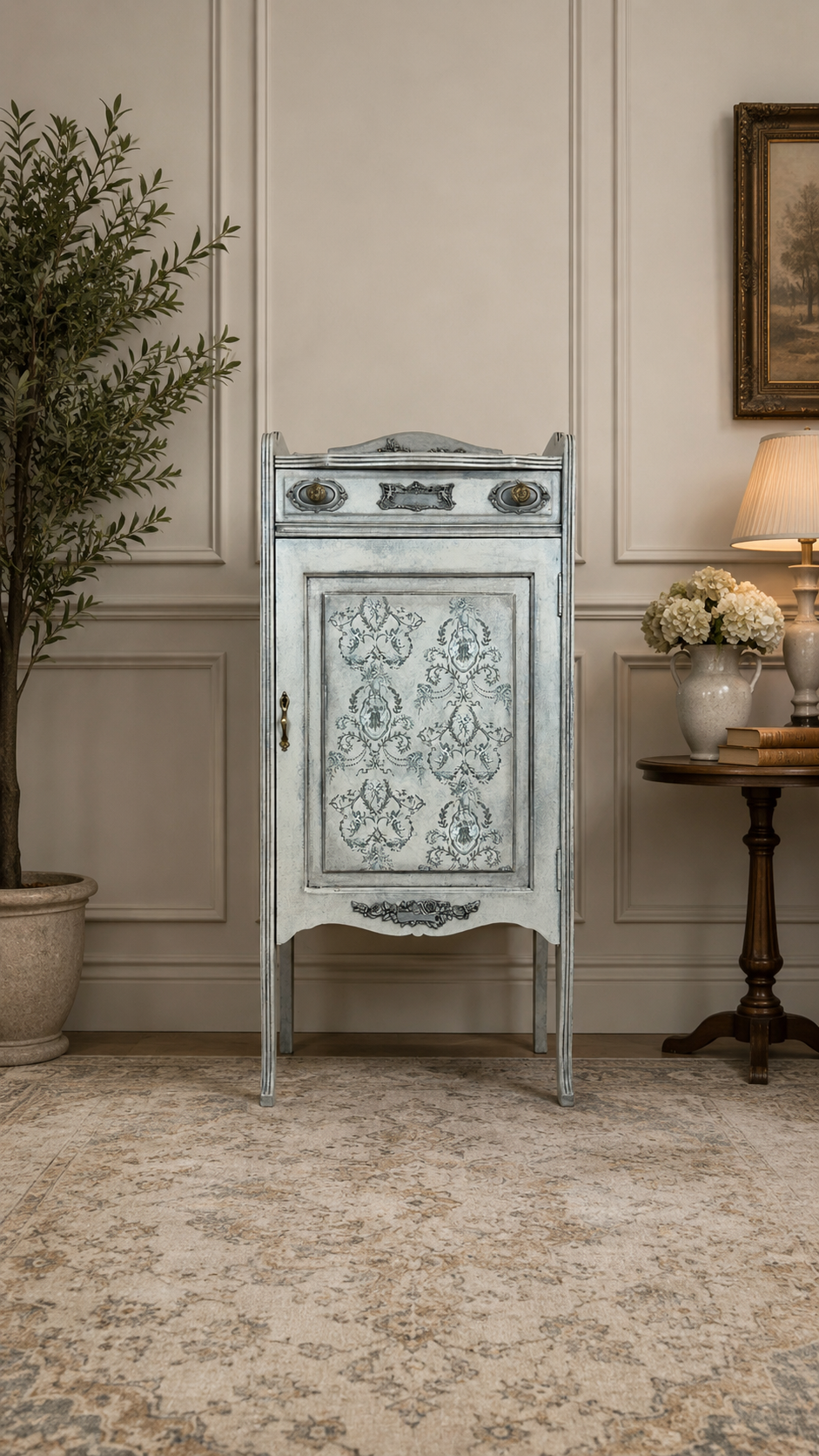 Vintage Cabinet Makeover with Texture, Transfers, Moulds & Wax