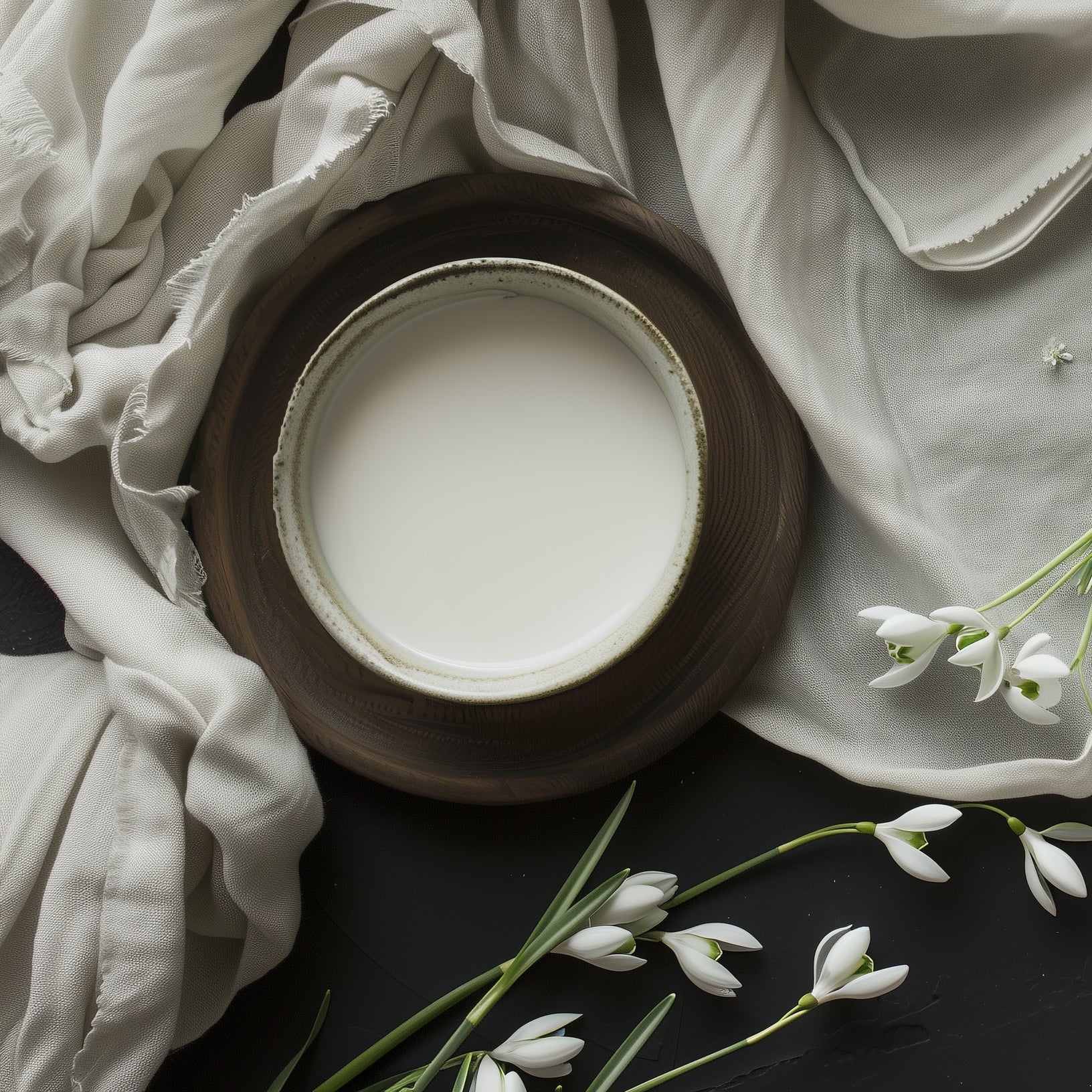Ceramic bowl with white contents on a dark surface with white flowers